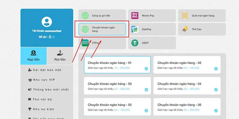 Đăng nhập tài khoản chơi và chọn hình thức nạp phù hợp